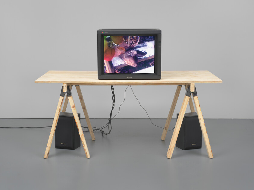 A CRT television sits on a simple wooden plank table with two speakers and tangled cords.