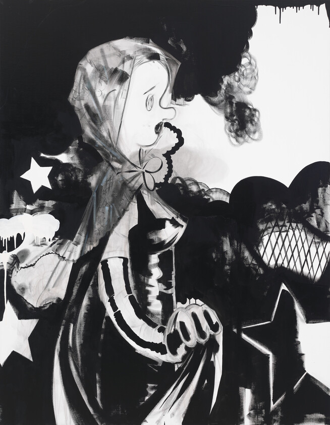 A hooded childlike figure in a cloak holds fabric amid black-and-white stars and clouds.