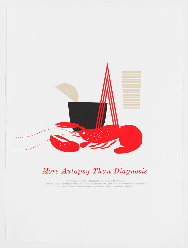 A red lobster beside a takeout cup and lemon with text "More Autopsy Than Diagnosis."