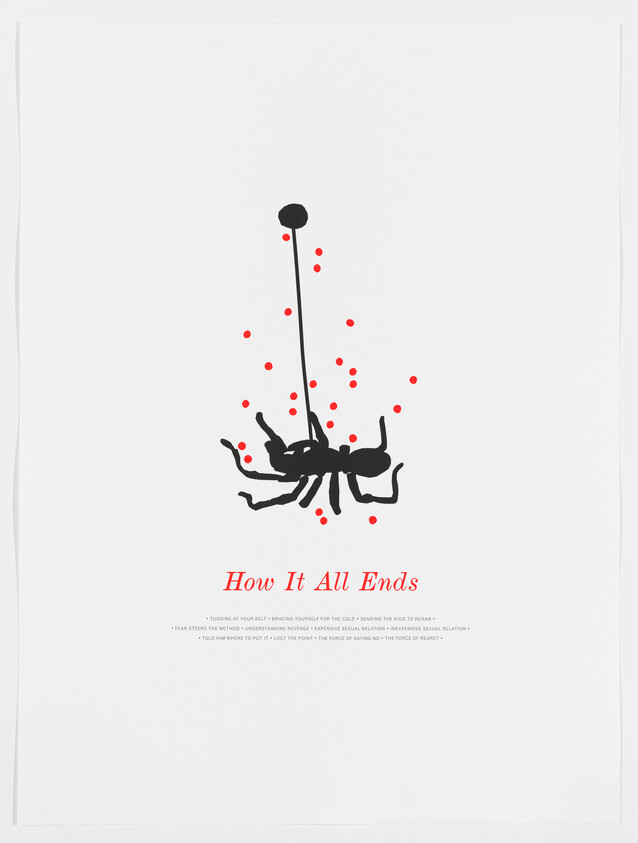 A black ant pinned and suspended with red dots around it above the words "How It All Ends."