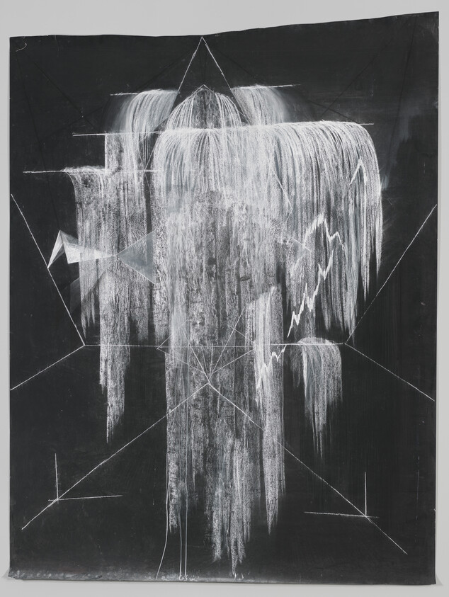 White cascading chalk lines form a waterfall-like shape over a geometric white line framework on black.