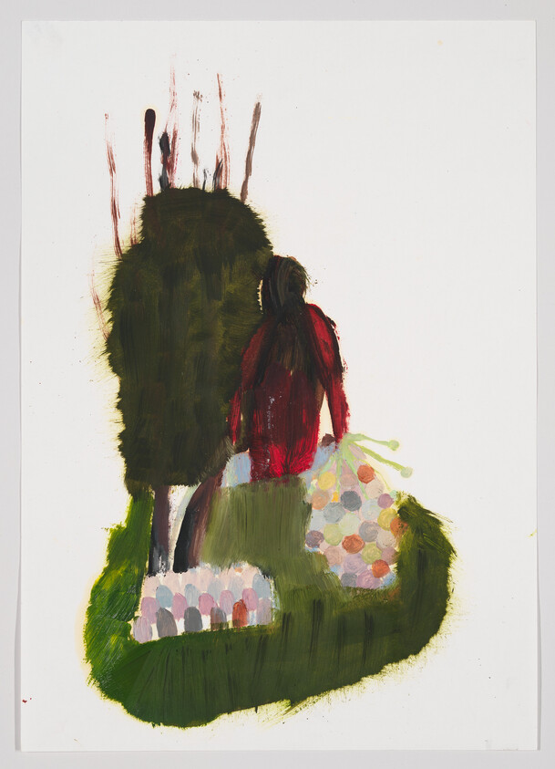 A painting depicting a person sitting on a grassy mound, viewed from behind. The figure has long hair and wears a red garment. The grass is represented with thick, green brushstrokes, and there are colorful, circular patterns on the mound, suggesting flowers or decorative elements. The background is plain white, with some splatters of paint at the top, indicating a dynamic painting process.