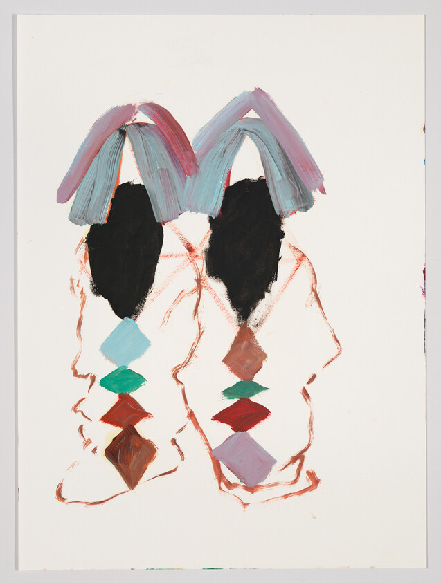 Two abstract figures with black head shapes, pastel arches above, and colored diamond patterns below.