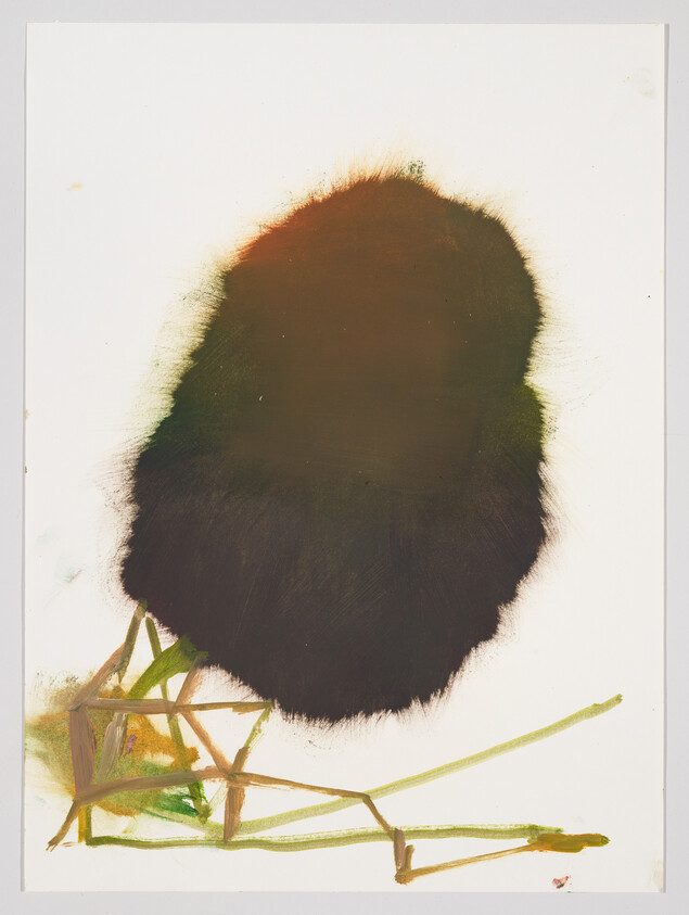 A large dark fuzzy oval shape sits above thin green and brown brushstroke stems on a white background.