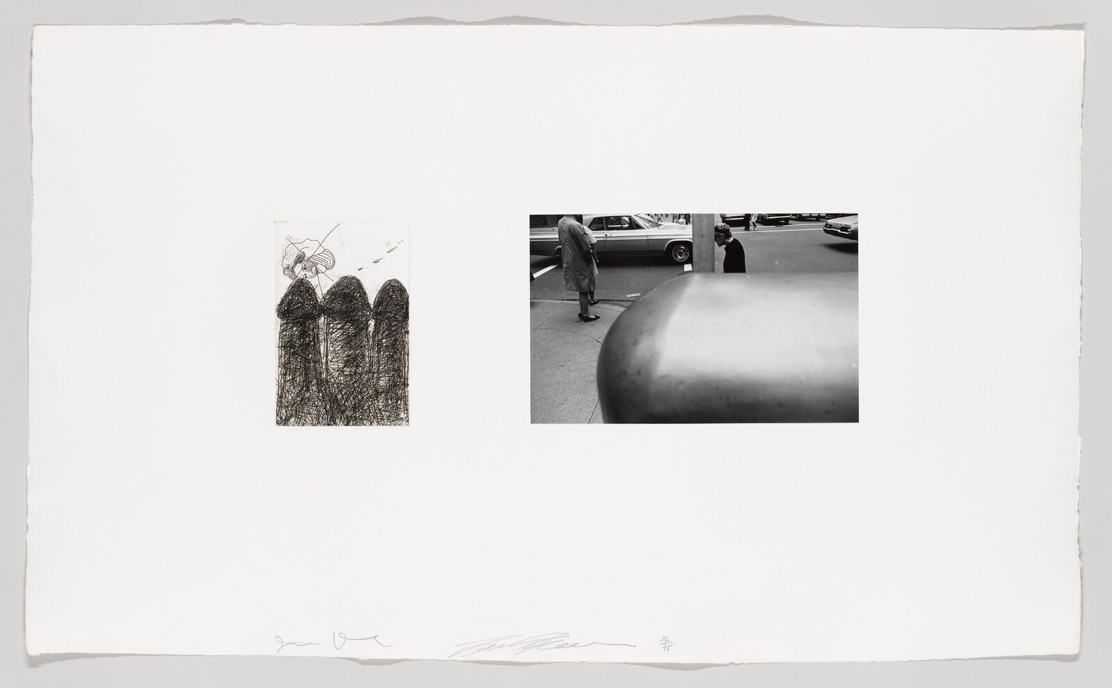 Left sketch shows three dark mounds while right photograph shows a street scene with a large rounded bollard and pedestrians.