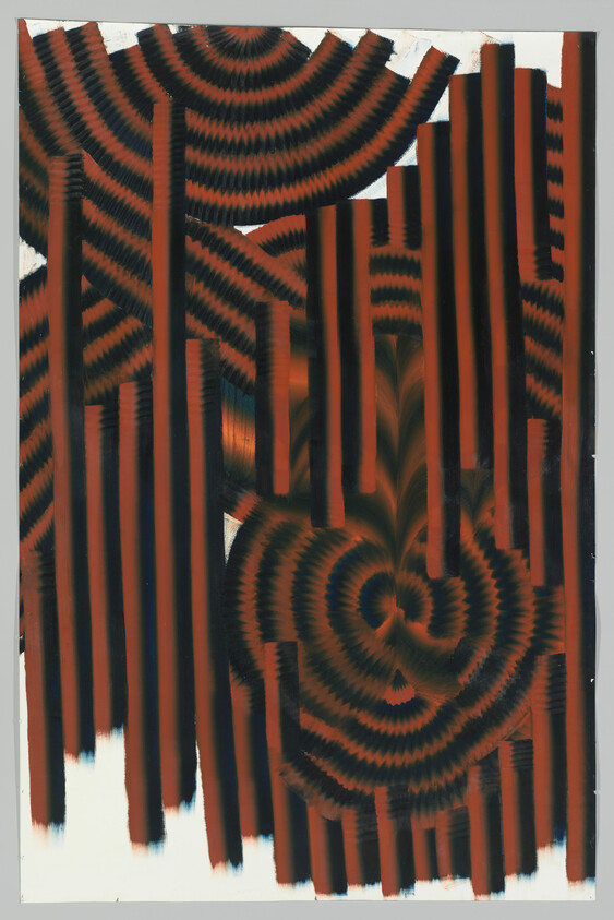 Red and black concentric circles and vertical stripes form an abstract geometric pattern.