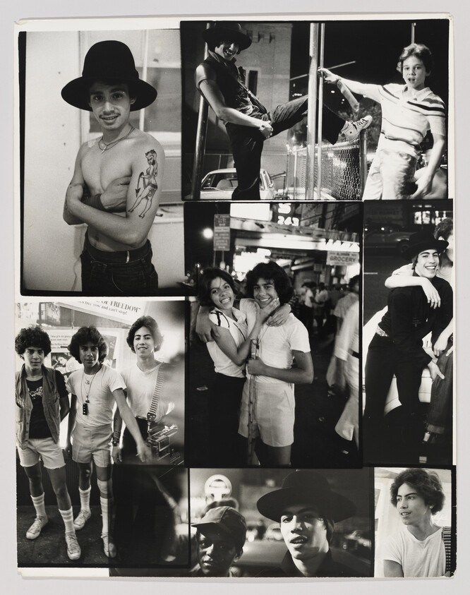 Young people pose and laugh on a city street in multiple black-and-white photo panels.