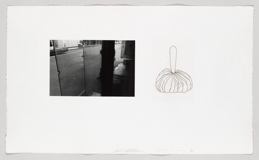 Small black-and-white street reflection photograph beside a simple line drawing of a pumpkin-like object.