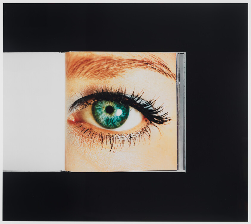 A large green eye with long lashes shown on a rectangular screen against a black background.