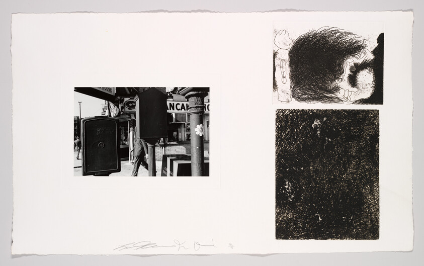 A three-part artwork showing a street photograph on the left and two dark abstract sketches on the right.