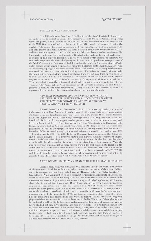 Single printed page titled "The Caption as a Mind-Meld" with dense paragraphs and visible crop marks.