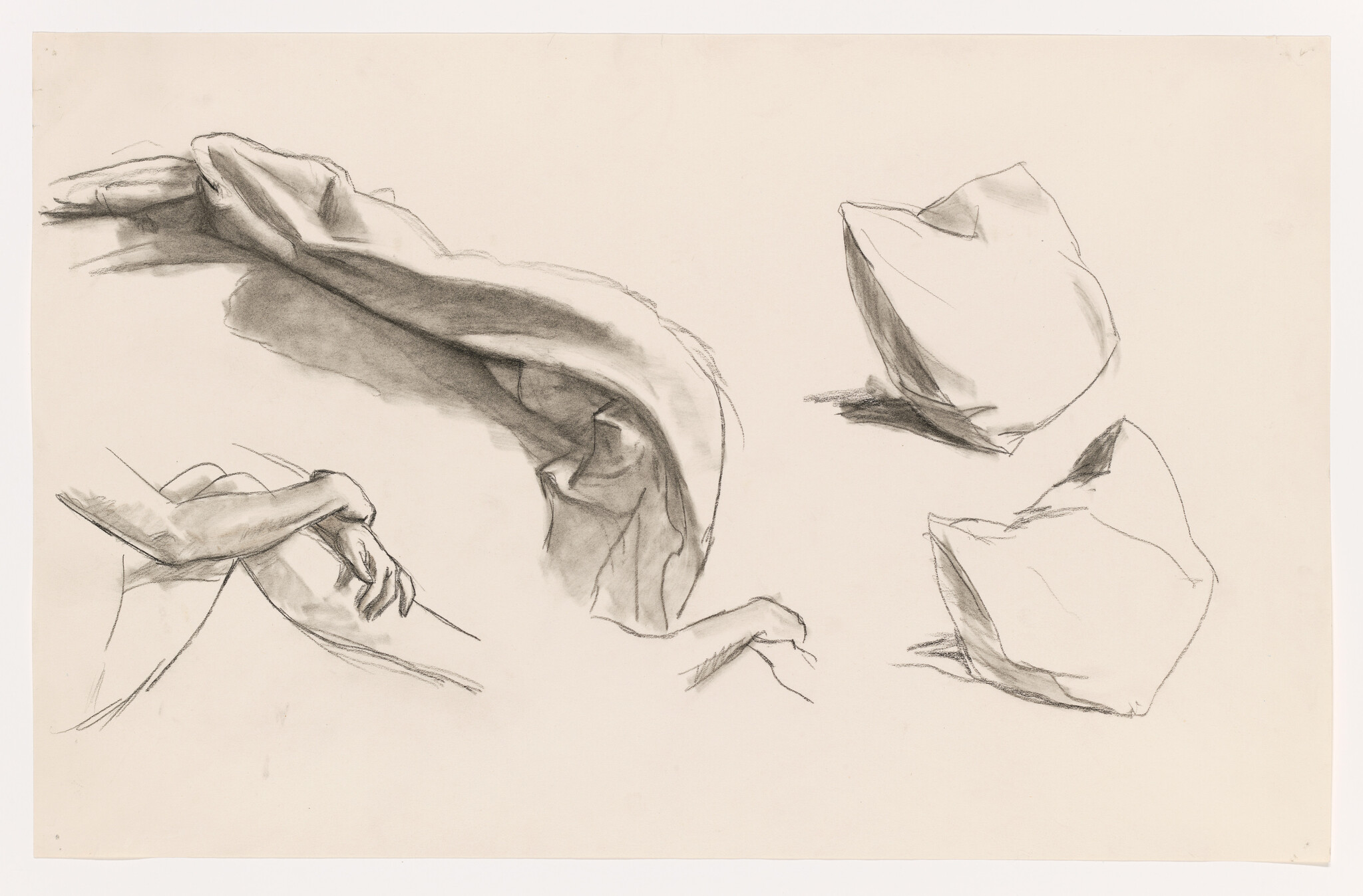 Charcoal sketches showing folded fabric studies and a reclining arm with hand resting.