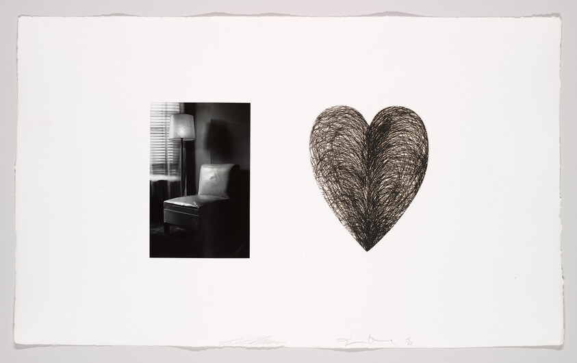 A black-and-white chair and lamp photograph sits beside a large hand-drawn scribble heart on white paper.