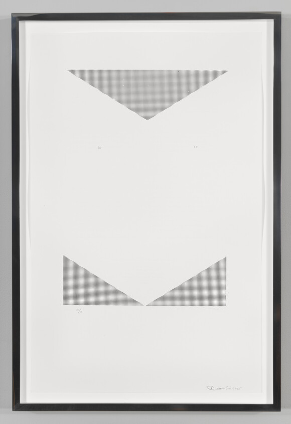 Framed minimalist print with two dotted triangular shapes, one near the top and one near center-bottom.