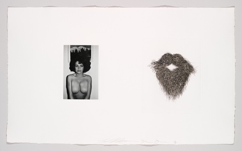 A black-and-white portrait of a topless woman beside a detailed ink drawing of a dense beard.