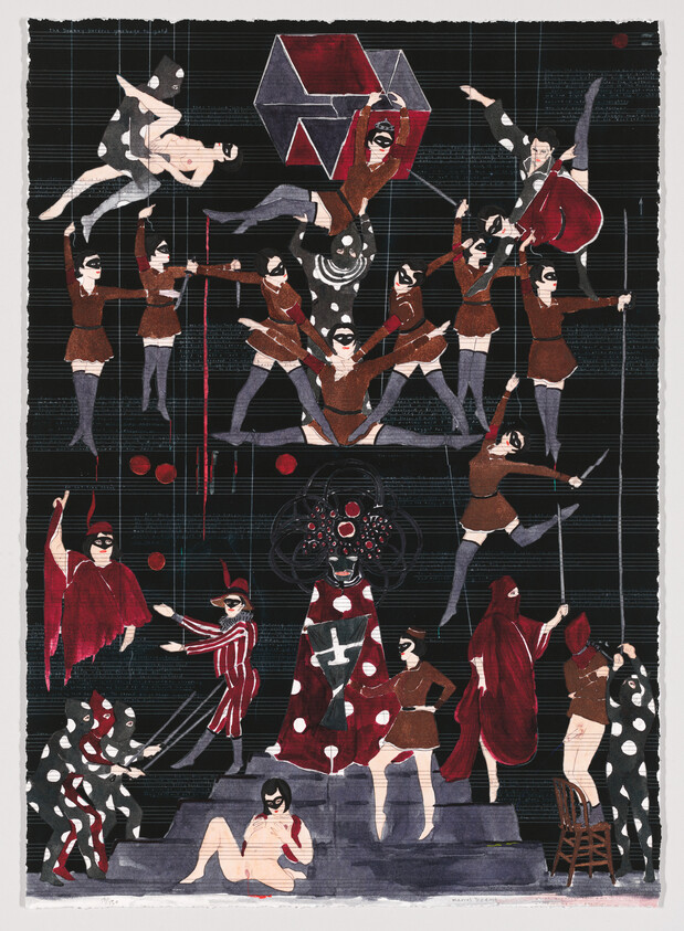 An illustration depicting a dynamic and abstract scene with multiple figures in various costumes and masks, some resembling superheroes or theatrical characters. The figures are arranged in a layered composition, with some appearing to float or fly, while others stand or sit on steps. The color palette is dominated by shades of red, brown, and black, with contrasting elements in white and spots of red. The background suggests a dark, textured space with vertical lines, possibly representing a curtain or a night sky. The overall effect is one of a dramatic, possibly surreal performance or a dream-like tableau.