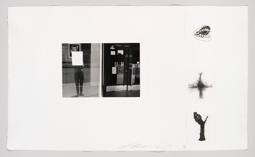 Black-and-white photos of a person holding a blank paper next to a storefront, with three small sketches to the right.