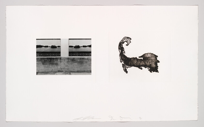 Two black-and-white prints on white paper: a riverside railing scene and a dark map-like silhouette.