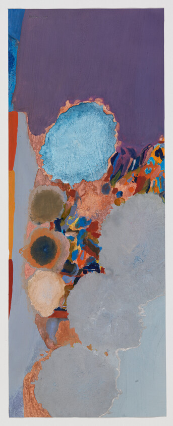 A vertical mixed-media artwork featuring an abstract composition with a dominant purple section at the top, a large central area with a textured blue circle surrounded by patches of orange, red, and other colors, and a bottom section with muted gray and blue tones. The piece has visible brush strokes, layers of paint, and areas where the canvas texture shows through, creating a rich tactile effect.