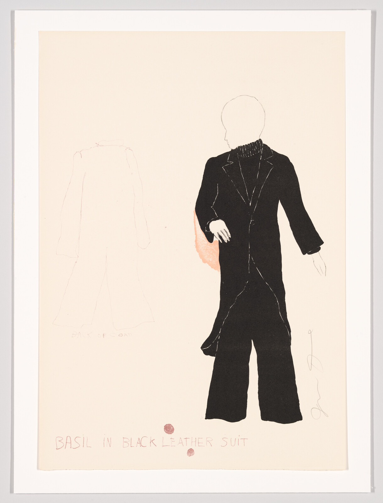 Silhouette of a person wearing a black leather suit with caption Basil in black leather suit.