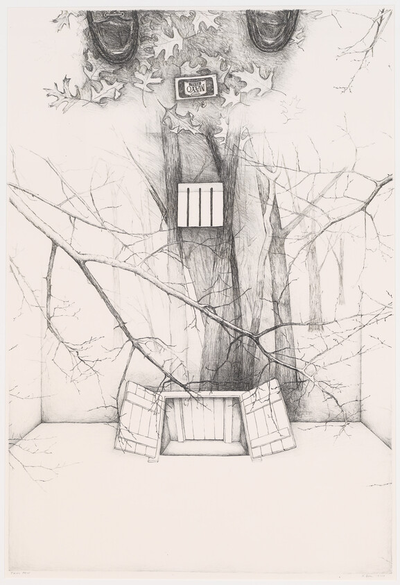 Pencil drawing of a surreal scene with a tree trunk in the center, branches extending outward, and a piano keyboard motif. The tree has eyes and a framed picture hanging from it, while piano keys appear as part of the trunk and on the ground, resembling benches or barriers.