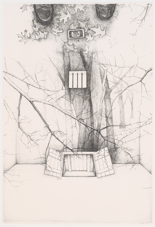 A large tree grows through a sparse room with branches crossing and an open hatch in the floor.