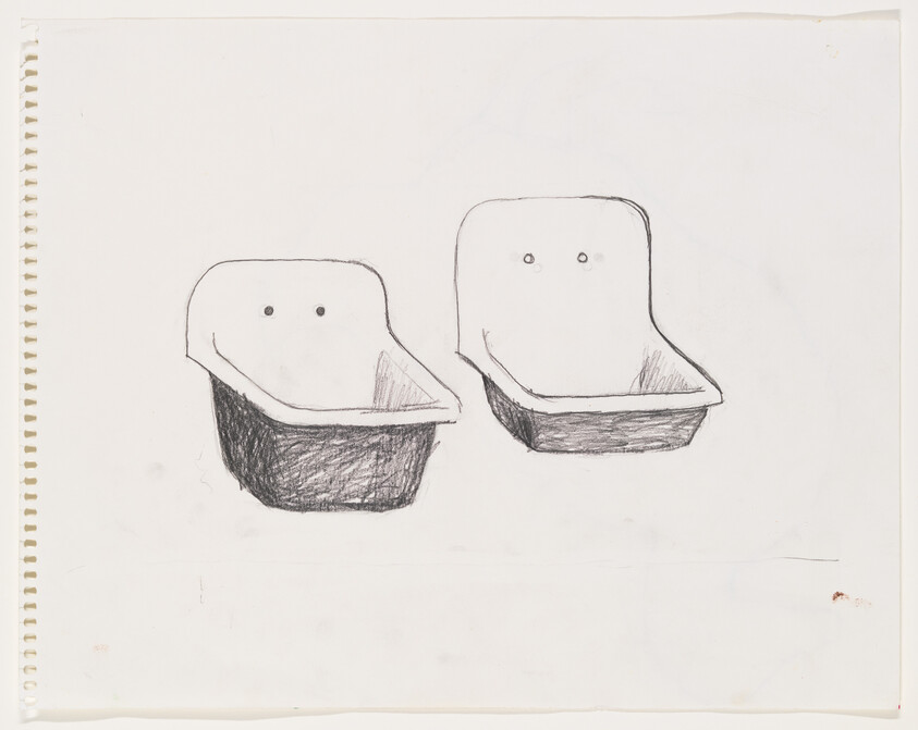 A hand-drawn sketch of two anthropomorphic containers with simple facial features, depicted on a white sheet of paper from a spiral notebook.
