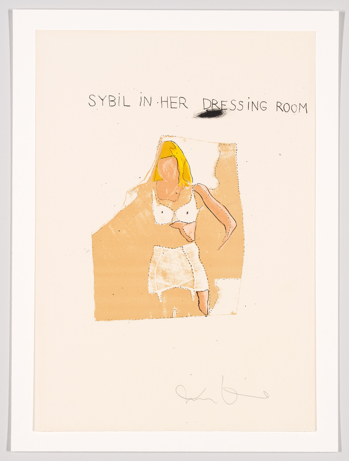 A blonde woman adjusts her undergarments under the handwritten title Sybil in her dressing room.