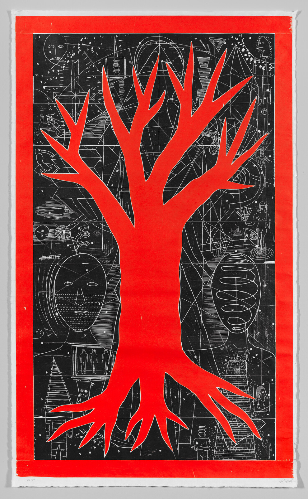 A bold red tree silhouette fills the center over a black background of white scientific and human sketches.