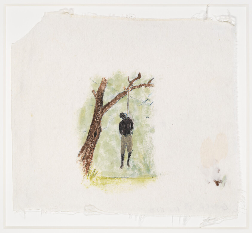 A watercolor painting on textured paper depicting a solitary figure standing under a tree with bare branches. The figure appears contemplative, facing away from the viewer, and is surrounded by a soft green wash of color suggesting grass or foliage. The edges of the paper are rough and unfinished.