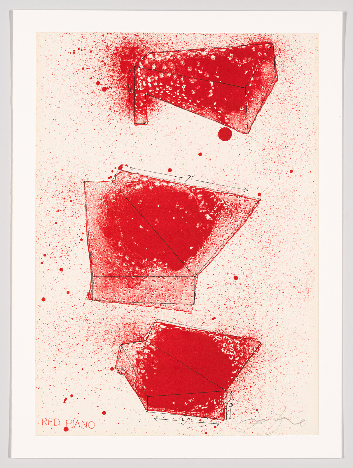 Three red abstract piano shapes with splattered paint and small handwritten label "RED PIANO".
