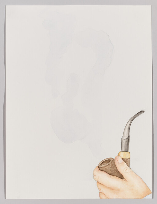 A hand holds a smoking curved pipe with light smoke rising against a blank background.