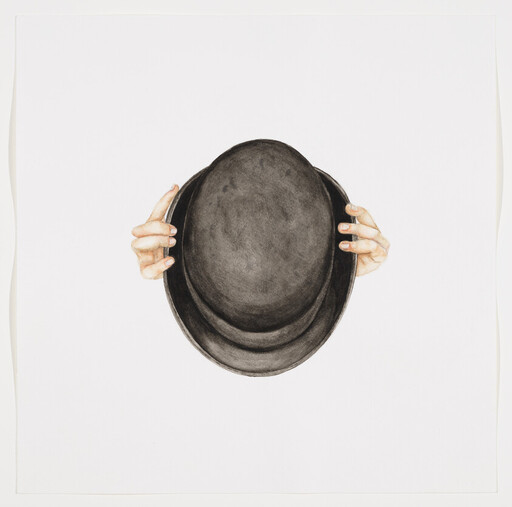 Two hands hold a black bowler hat centered against a plain white background.