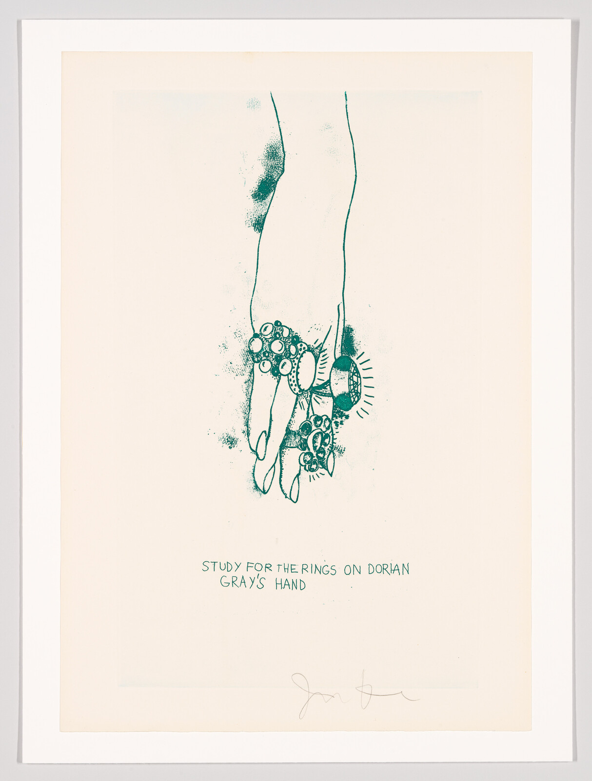 A hand wearing multiple ornate rings with the caption "Study for the rings on Dorian Gray's hand."