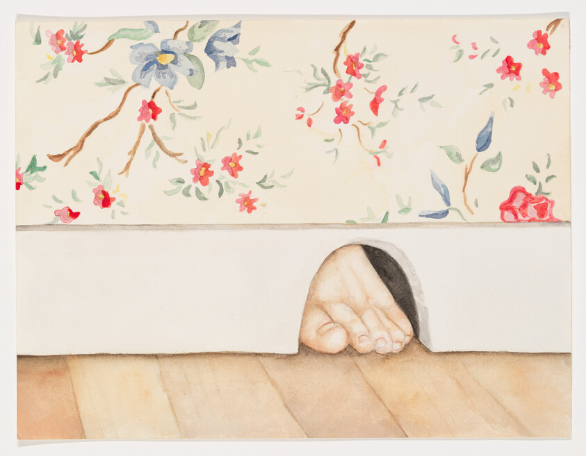 A bare foot protrudes through a small arched hole under a floral wallpapered wall.