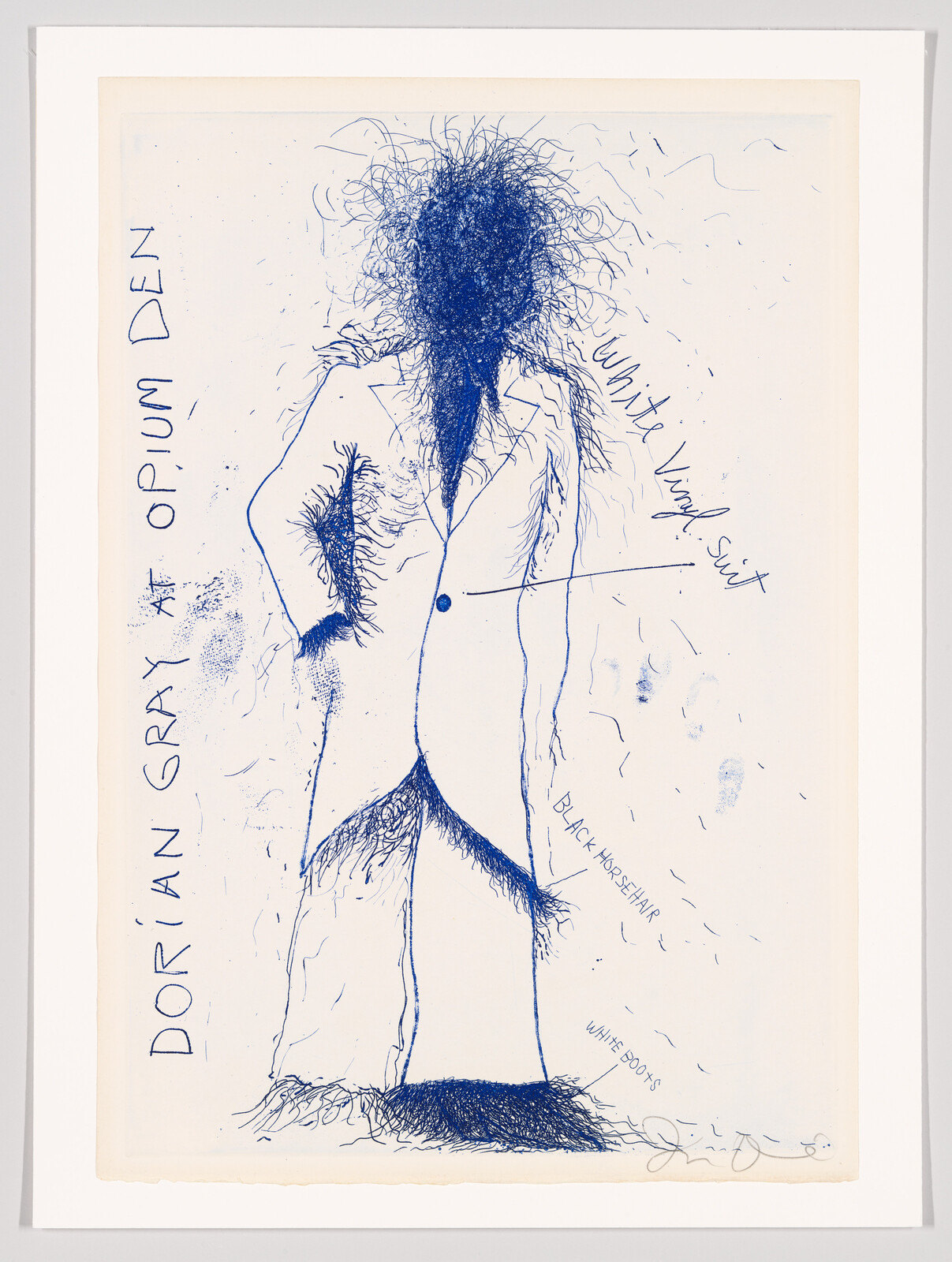 A tall scribbled figure in a suit labeled Dorian Gray at Opium Den with messy hair.