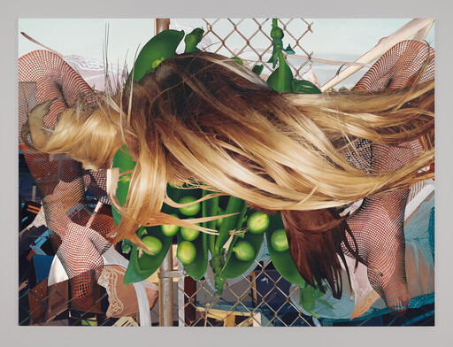 Long blonde hair draped over green pea pods and a chain-link fence with fishnet-clad limbs.
