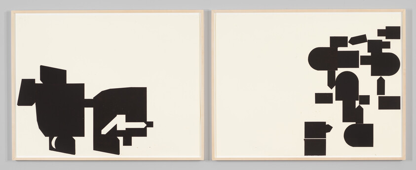 Two framed panels show black abstract geometric shapes on a cream background, clustered left and right.