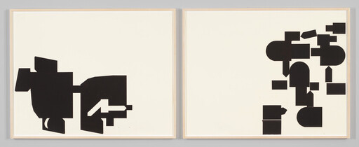 Two framed panels show black abstract geometric shapes on a cream background, clustered left and right.