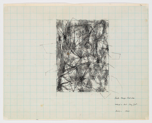 Dense black abstract network drawing centered on graph paper with handwritten notes in the lower right.