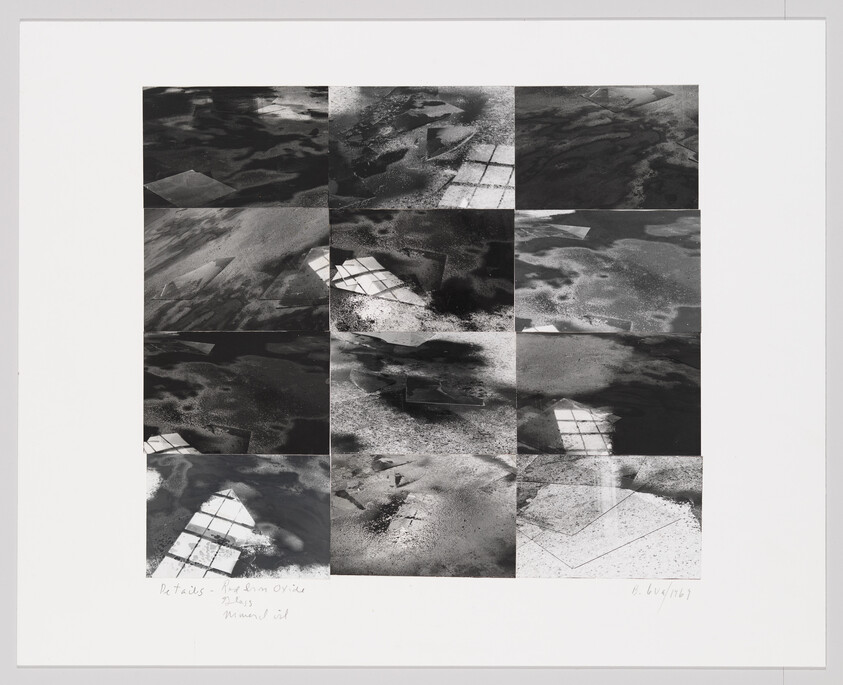 Twelve black-and-white panels showing window reflections and textured ground arranged in a rectangular grid.