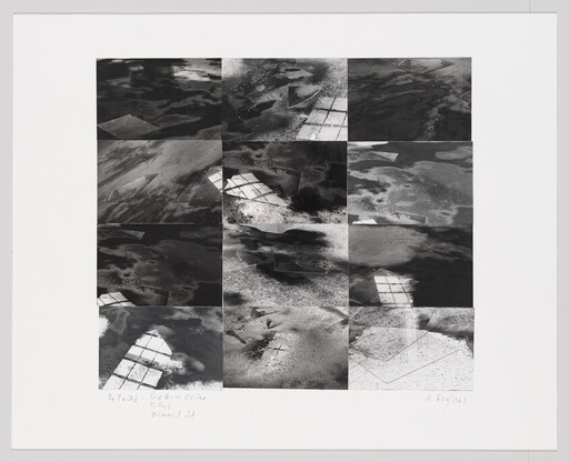 Twelve black-and-white panels showing window reflections and textured ground arranged in a rectangular grid.