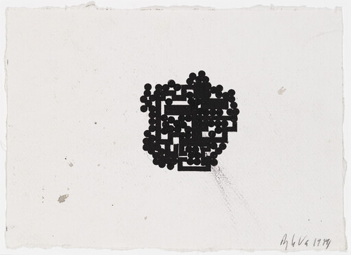 A compact black geometric cluster of circles and squares printed on white textured paper.