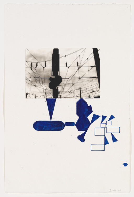 Black-and-white overhead power lines above blue geometric shapes arranged like abstract machinery.