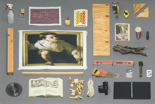 Framed painting of a child crawling surrounded by neatly arranged woodworking tools and materials.