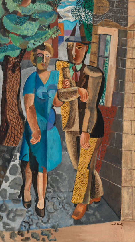 A man and woman walk arm in arm along a narrow street in a colorful cubist style.