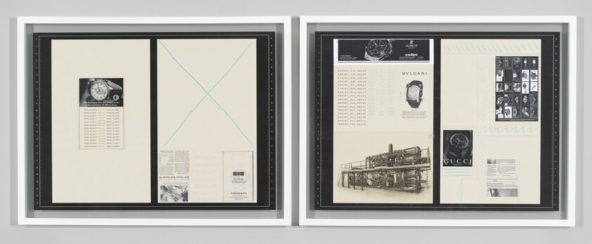 Two framed layout boards showing magazine page mockups with watch advertisements and an industrial photograph.