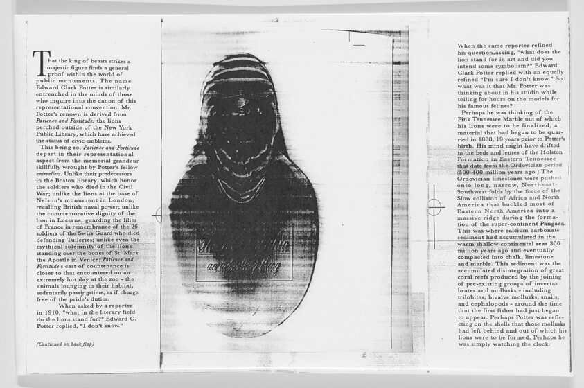 A worn book spread showing a centered dark oval portrait of a bust surrounded by text columns.