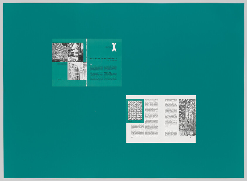 Two open book spreads displayed on a large teal background, one green and one white.