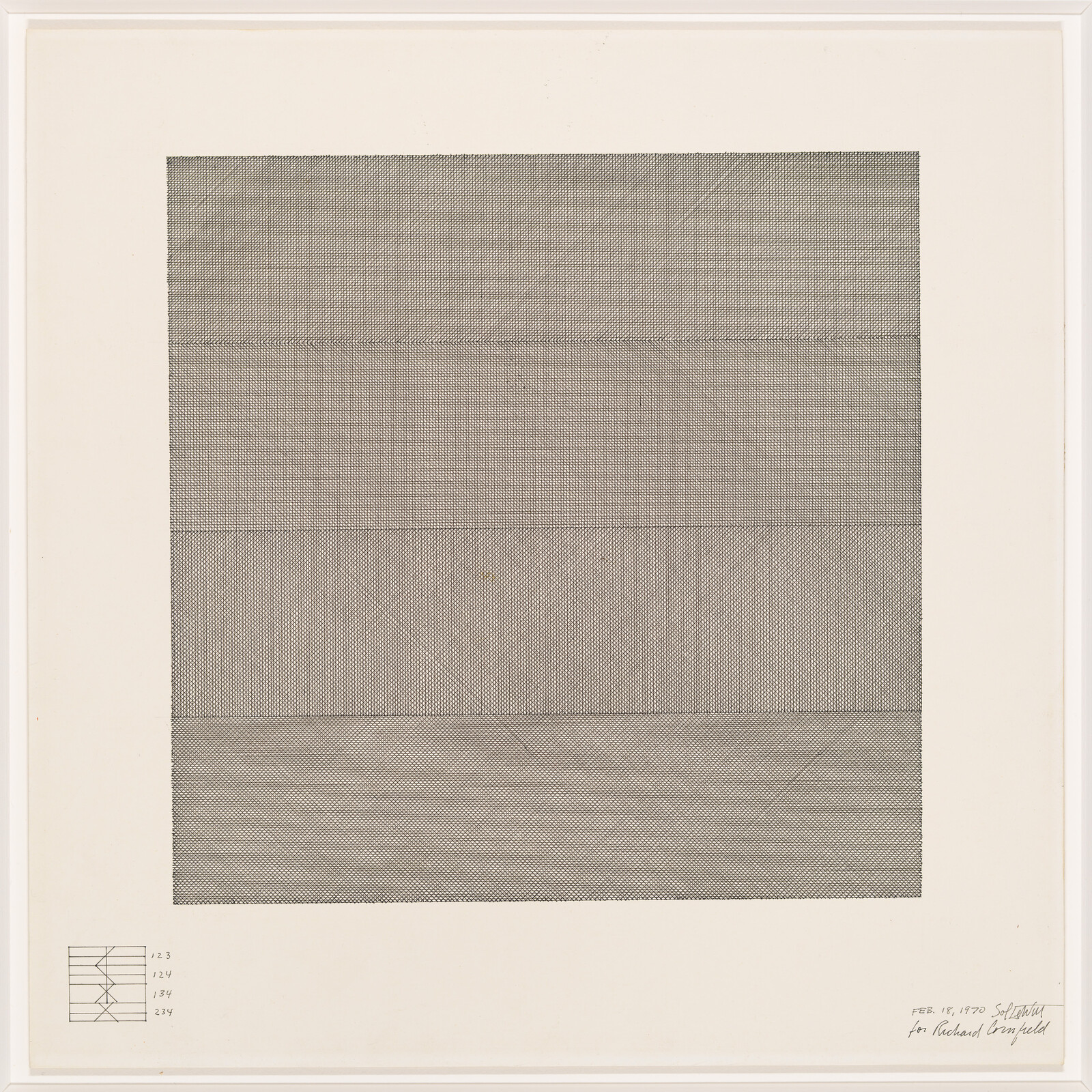 Framed minimalist artwork showing a large hatched square divided into horizontal bands with small diagram and handwritten note.